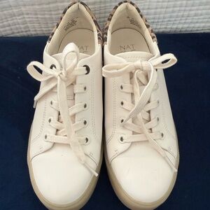 Naturalizer Cream Lace-Up Sneakers with Leopard Trim